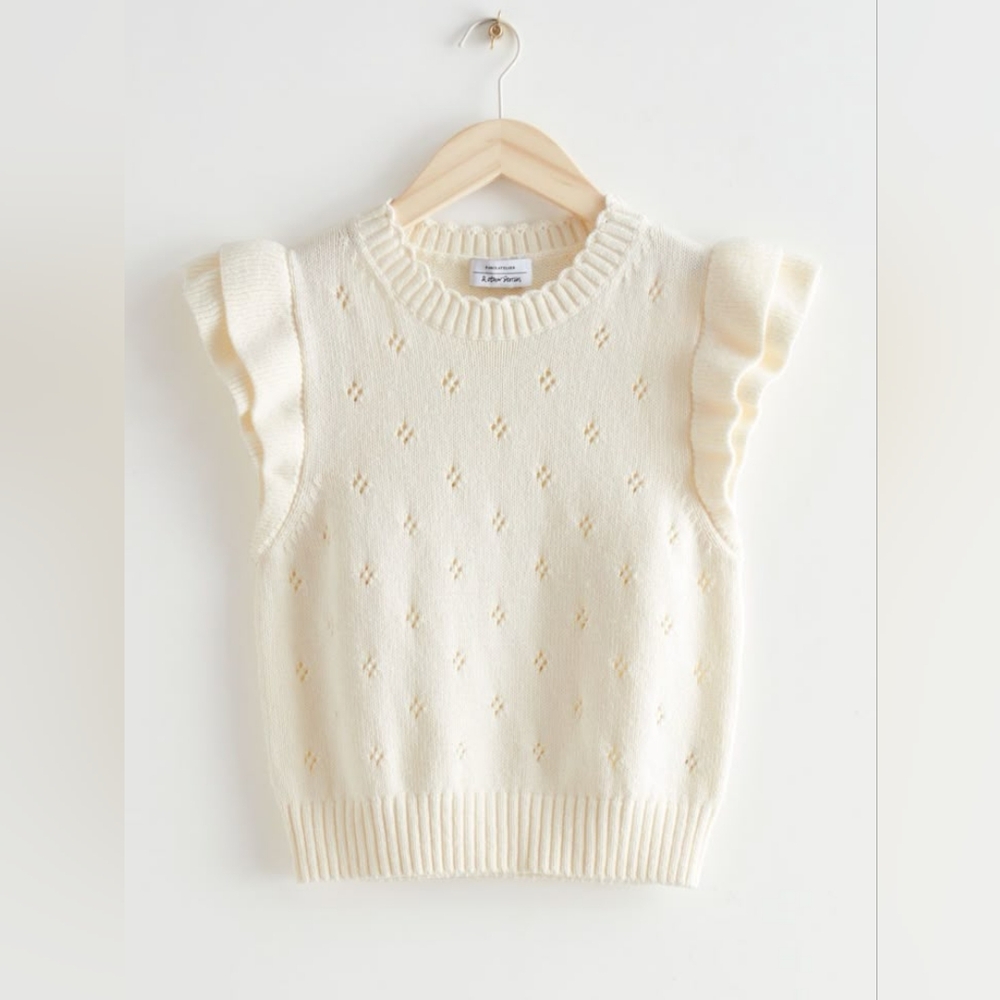 Belldini Ruffled Short‑Sleeve Knit Sweater | Soft Neutral | Size S
